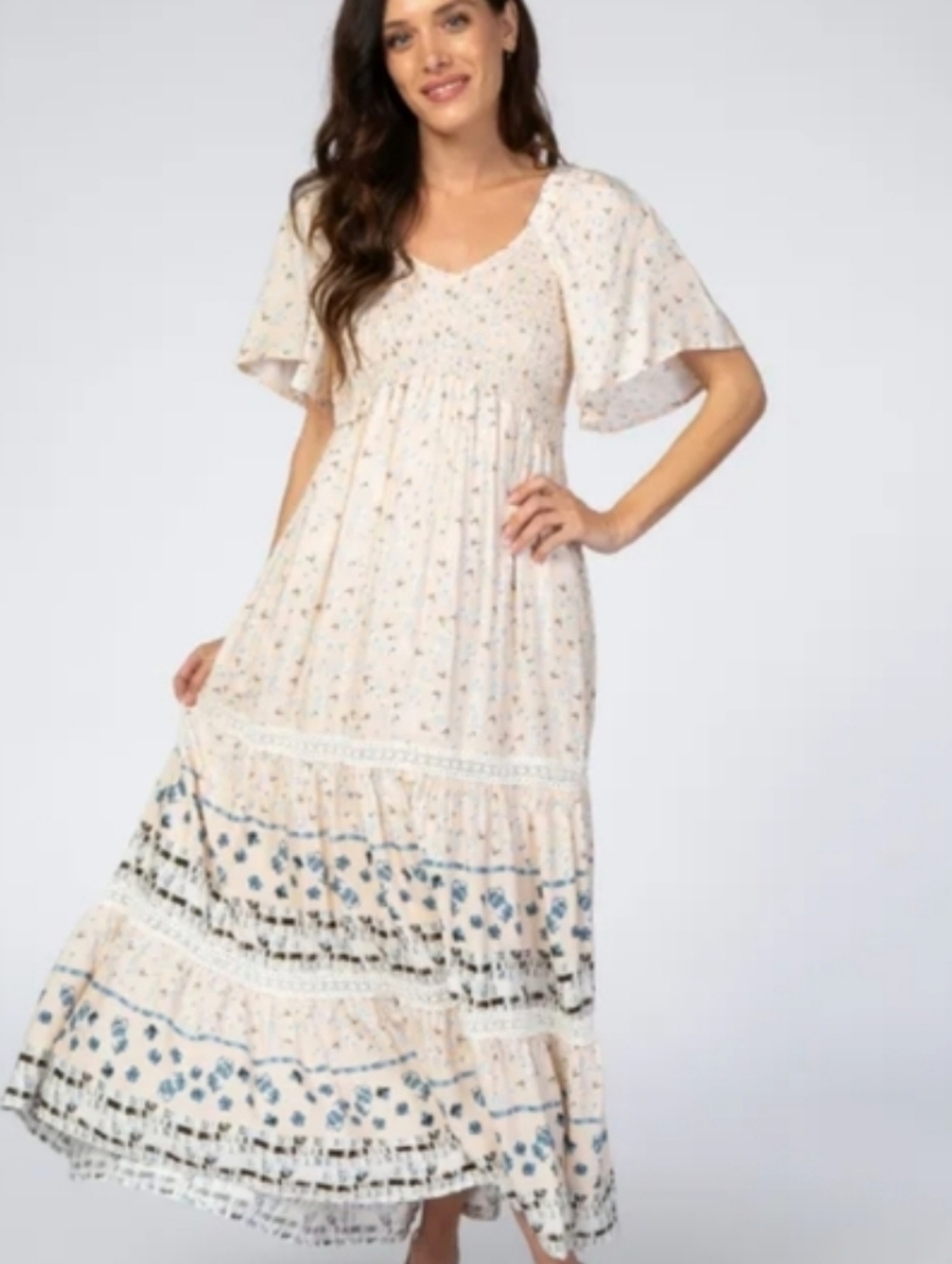 In Loom Prairie Maxi Dress Women Small Cottagecore Cream Floral Milkmaid Tiered